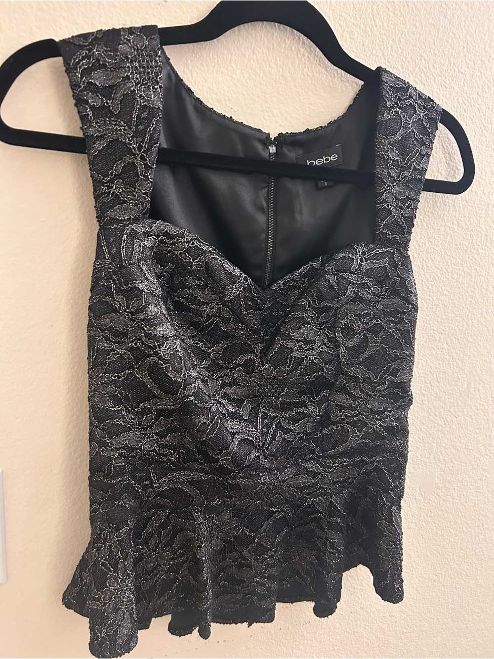 Bebe Black Lace Peplum Corset Top - Sleeveless Back-Zip Party Shirt - Size S